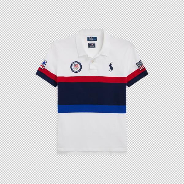 White and blue Ralph Lauren polo shirt designed for Olympics opening and closing outfits