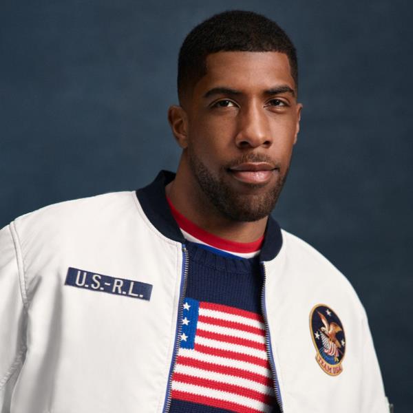 Jamal Hill, wearing a white Ralph Lauren jacket for the Olympics promotio<em></em>nal shoot, photo provided by Ralph Lauren Corporation