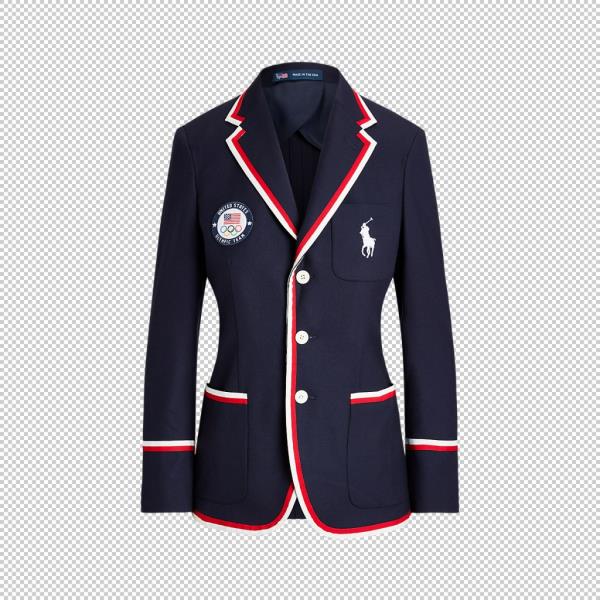 Ralph Lauren Olympic opening and closing outfits featuring a blue jacket with red and white trim