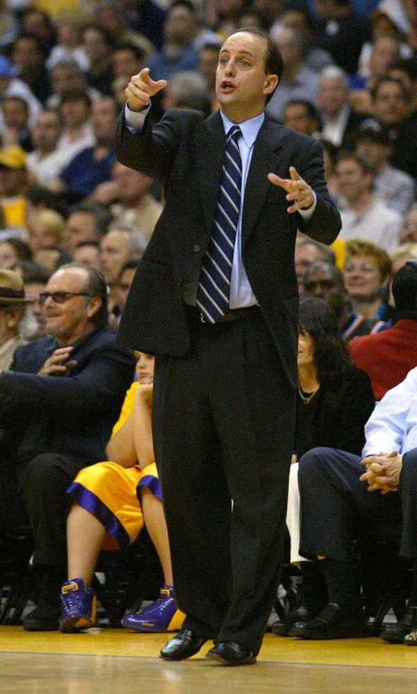 Head coach Jeff Van Gundy of the Houston Rockets directing his team during a game against the Los Angeles Lakers at the 2004 NBA Playoffs