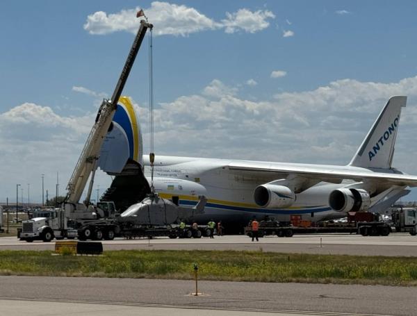 The aircraft, one of the heaviest in the world, opens its cargo bay at the nose.