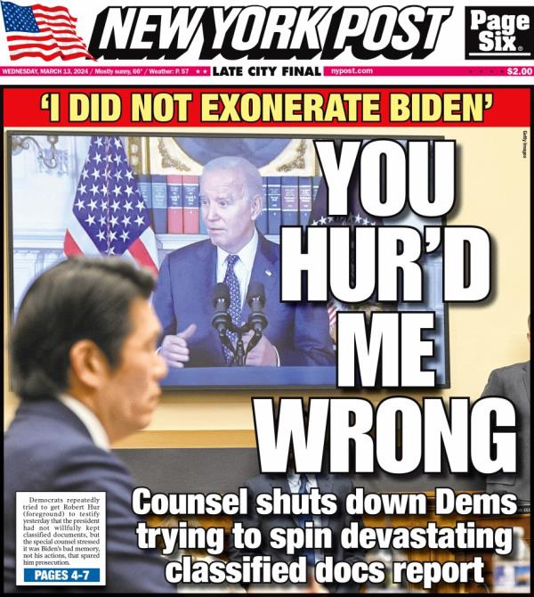 New York Post cover for Wednesday, March 13, 2024. 