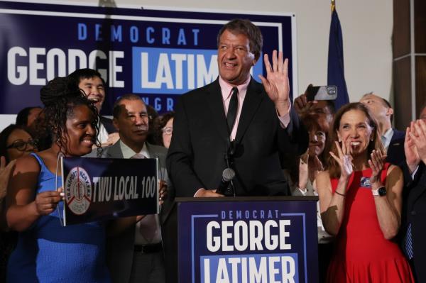 Westchester County Executive George Latimer speaks to supporters after winning his race ag<a href=