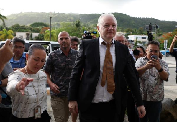 WikiLeaks founder Julian Assange arrives at a US District Court in Saipan, Northern Mariana Islands, U.S., June 26, 2024. 