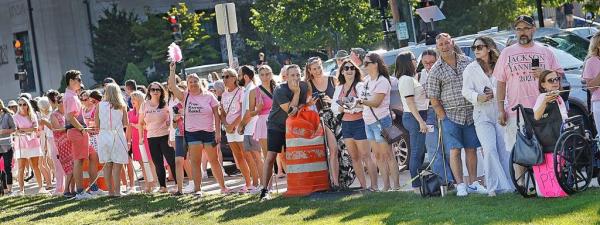 Supporters of Karen Read lined up on a street near Dedham Superior Court on June 25, 2024.